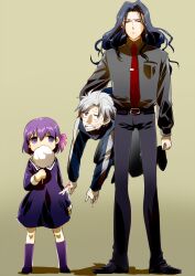  2boys aged_down bad_id bad_pixiv_id blue_eyes blue_hair carrying carrying_under_arm cotton_candy dress eating fate/zero fate_(series) female hood hoodie lancelot_(fate/zero) lolicon long_hair matou_kariya matou_sakura multiple_boys necktie purple_eyes purple_hair spoilers white_hair yanyo_(ogino_atsuki) 