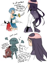  akemi_homura angry banned_artist blue_eyes blue_hair cape directional_arrow english female_pervert fume hair_ribbon long_hair magical_girl mahou_shoujo_madoka_magica miki_sayaka multiple_girls object_on_head panties panties_on_head pervert ponytail ribbon sakura_kyouko short_hair sword thighhighs tribute underwear weapon 