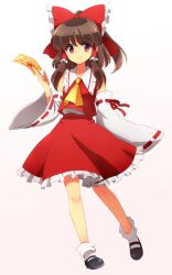  ascot bow brown_hair commentary_request detached_sleeves female full_body hair_tubes hairbow hakurei_reimu hanjuku_tomato highres long_hair mary_janes ofuda partial_commentary red_bow red_eyes ribbon shoes simple_background skirt skirt_set smile solo touhou 