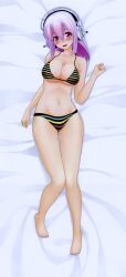  3d absurdres artist_request bed_sheet bikini black_bikini blanket blush breasts dakimakura_(medium) female full_body headphones highres knees_together_feet_apart large_breasts long_hair looking_at_viewer lying multicolored_stripes nitroplus official_art on_back on_bed parted_lips photoshop_(medium) pink_hair red_eyes scan side-tie_bikini_bottom solo striped_bikini striped_clothes super_sonico swimsuit 