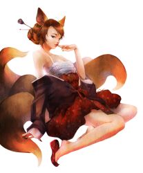  ahoge ahri_(league_of_legends) alternate_eye_color alternate_hair_color alternate_hairstyle animal_ears aqua_eyes backlighting bad_id bad_pixiv_id bare_shoulders barefoot breasts brown_hair cleavage dynasty_ahri facial_mark female fingernails floral_print fox_ears fox_tail from_side full_body gomusin hair_bun hair_ornament hair_stick hand_to_own_mouth korean_clothes league_of_legends long_fingernails looking_at_viewer medium_breasts multiple_tails nadri nail_polish off_shoulder official_alternate_costume photoshop_(medium) shoe_dangle shoes simple_background single_hair_bun single_shoe sitting sleeves_past_wrists slippers solo tail whisker_markings white_background 