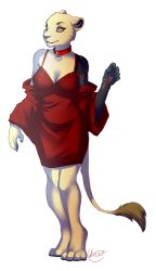  anthro barefoot breasts brown_nose claws cleavage clothed clothing collar cybernetics dress feet felid female fur heart_symbol hindpaw jacket jewelry lion looking_at_viewer machine mammal necklace pantherine paws solo tail tail_tuft tan_body tan_fur topwear tuft uni yellow_eyes 