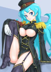  aqua_hair black_thighhighs blue_eyes boots breasts clothing_cutout commentary_request epaulettes female garter_straps gloves hat high_heels highres hugging_own_legs imagawa_yoshimoto_(sengoku_collection) large_breasts legs long_legs looking_at_viewer rasukaru sengoku_collection shoes smile solo thigh_boots thighhighs thighs underboob underboob_cutout white_gloves 