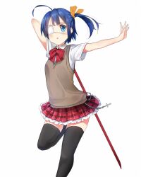  :o arm_up black_thighhighs blue_eyes blue_hair chuunibyou_demo_koi_ga_shitai! commentary_request eyepatch female highres holding icho_private_high_school_uniform masamuuu medical_eyepatch one_side_up outstretched_arm plaid plaid_skirt school_uniform simple_background skirt solo sword takanashi_rikka thighhighs weapon white_background 