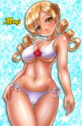  bikini blonde_hair boken_fantasy breasts commentary_request drill_hair female hair_ornament highres large_breasts long_hair mahou_shoujo_madoka_magica mahou_shoujo_madoka_magica_(anime) navel side-tie_bikini_bottom smile solo swimsuit tan thigh_gap tomoe_mami twin_drills twintails white_bikini yellow_eyes 