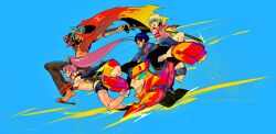  2boys 2girls akutsumi bad_id bad_pixiv_id bikini bikini_top_only blue_hair cape goggles kamina_(ttgl) kamina_shades lagann mecha multicolored_hair multiple_boys multiple_girls nia_teppelin photoshop_(medium) ponytail red_hair robot running short_shorts shorts simon_(ttgl) swimsuit sword tengen_toppa_gurren_lagann thighhighs triangular_eyewear two-tone_hair weapon yoko_littner 