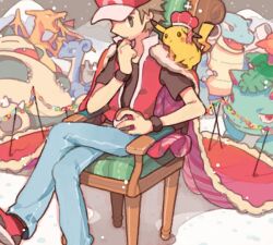  1boy bad_drawr_id bad_id baseball_cap black_shirt black_wristband blastoise blue_pants blush_stickers brown_eyes brown_hair cape chair charizard crossed_legs crown denim hat holding holding_poke_ball jeans king lapras male_focus mt._silver oekaki on_shoulder pants pikachu poke_ball poke_ball_(basic) pokemon pokemon_(creature) pokemon_frlg pokemon_hgss pokemon_on_shoulder pomin red_(pokemon) shirt shoes short_sleeves sitting snorlax starter_pokemon_trio throne venusaur wristband 