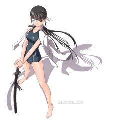  barefoot black_eyes black_hair character_name commentary_request eyepatch female full_body hands_on_hilt jacket jacket_on_shoulders long_hair military military_uniform nenchi one-piece_swimsuit photoshop_(medium) ponytail sakamoto_mio school_swimsuit shadow simple_background smile solo strike_witches swimsuit sword uniform weapon white_background world_witches_series 