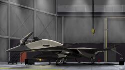  2boys ace_combat ace_combat_x aircraft airplane cable commentary door fenrir_(ace_combat) fighter_jet hangar highres hook jet landing_gear military military_vehicle multiple_boys photoshop_(medium) signature stairs thompson_(solowingfh) vehicle_focus 