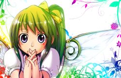  blush commentary_request daiyousei female green_hair interlocked_fingers joyfull_(terrace) photoshop_(medium) purple_eyes ribbon side_ponytail solo touhou wings 