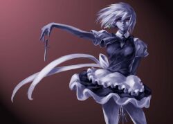  braid commentary_request female glowing glowing_eyes highres izayoi_sakuya knife looking_at_viewer maid no_headwear red_eyes scrap_iron short_hair short_sleeves single_braid solo touhou white_hair 