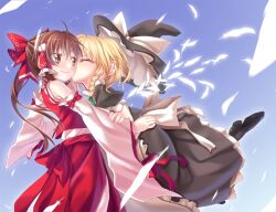  2girls bad_id bad_pixiv_id black_dress blonde_hair blush bow braid brown_eyes brown_hair closed_eyes commentary_request detached_sleeves dress feathers hair_ribbon hair_tubes hairbow hakurei_reimu hat hat_bow hat_ribbon hug ina_(inadahime) kirisame_marisa kissing kissing_cheek long_sleeves multiple_girls ribbon shirt single_braid skirt skirt_set smile star_(symbol) touhou white_bow wide_sleeves witch_hat yuri 