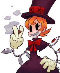  bad_id bad_pixiv_id bow cigar dress eye_socket female gias-ex-machella gloves grin hand_on_own_hip hat mechanical_arms orange_hair peacock_(skullgirls) purple_dress sharp_teeth short_hair simple_background skullgirls smile smoking solo teeth top_hat white_background white_gloves 