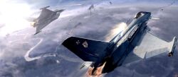  aerial_battle afterburner aircraft airplane battle canards city commentary_request dogfight emblem eurofighter_typhoon fighter_jet highres jet military military_vehicle missile no_humans original pilot ranpota realistic river science_fiction ship smoke vehicle_focus watercraft 