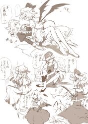  apron bad_id bad_pixiv_id barefoot cowgirl_position flandre_scarlet full_body gloves highres hong_meiling izayoi_sakuya koakuma lying maid monochrome multiple_girls non_(z-art) patchouli_knowledge pointing remilia_scarlet scarf side_slit sitting touhou translation_request wings yuri 