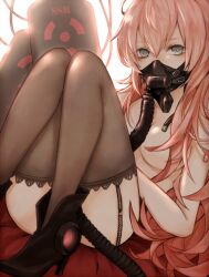  blue_eyes commentary_request covering_breasts covering_privates female garter_straps hair_censor hair_over_breasts kaname_(cherry0732) long_hair looking_at_viewer megurine_luka pink_hair respirator solo thighhighs vocaloid 