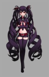  bad_id bad_pixiv_id belt chains crossed_arms female hair_ribbon long_hair midriff necktie purple_hair purple_thighhighs red_eyes ribbon shorts skull smile solo sword_girls thighhighs ubina undertaker_(sword_girls) very_long_hair walking 