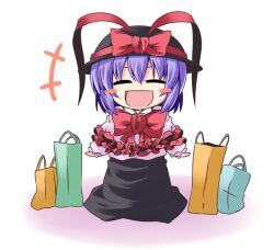  ^_^ bag blue_hair blush_stickers bow capelet chibi closed_eyes commentary_request female hat ichimi nagae_iku open_mouth photoshop_(medium) shopping_bag skirt smile solo touhou 