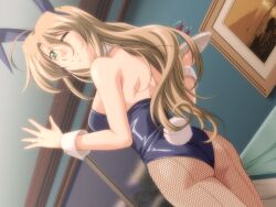  animal_ears blush breasts brown_hair bunny_ears bunny_suit bunnysuit ecchi_na_bunny-san_wa_kirai ecchi_na_bunny-san_wa_kirai? female game_cg green_eyes happy indoors jewelry long_hair ring shinozuka_misuzu smile solo wink yamane_masahiro zyx 