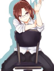  aozaki_touko brown_eyes brown_hair business_casual chair cigarette commentary_request female glasses haruyuki_(yukichasoba) kara_no_kyoukai long_hair looking_at_viewer ponytail red_eyes red_hair short_hair sitting sitting_backwards sleeves_rolled_up solo 