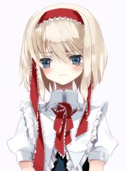  alice_margatroid bad_id bad_pixiv_id blonde_hair blue_eyes blush cierra_(ra-bit) female hair_between_eyes hairband photoshop_(medium) puffy_short_sleeves puffy_sleeves ribbon sad short_hair short_sleeves simple_background solo tears touhou upper_body wavy_mouth 