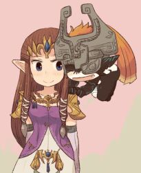  2girls blue_eyes brown_hair floating gloves helmet long_hair midna multiple_girls pointy_ears princess_zelda smile the_legend_of_zelda the_legend_of_zelda:_twilight_princess tsutsuji 