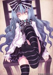  alteil blue_hair bow chair commentary_request female grey_eyes hairbow kiran_(kiranpln) long_hair original parted_lips photoshop_(medium) ribbon skirt smile solo striped_clothes striped_thighhighs thighhighs 