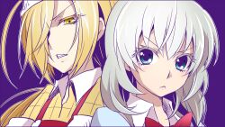  2girls bad_id bad_pixiv_id binbougami_ga! blonde_hair blue_eyes grey_hair hair_over_one_eye long_hair messy_hair momiji_(binbougami_ga!) multiple_girls photoshop_(medium) sakura_ichiko school_uniform short_hair sweater_vest triangular_headpiece yellow_eyes yuu_(derodero) 