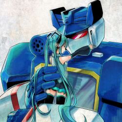  1other aqua_hair closed_eyes commentary crossover detached_sleeves female hatsune_miku hug long_hair mecha mecha_on_girl miniskirt photoshop_(medium) rkp robot skirt soundwave_(transformers) thighhighs transformers transformers:_generation_1 very_long_hair vocaloid zettai_ryouiki 