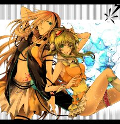  2girls blonde_hair blue_eyes boots commentary_request goggles goggles_on_head green_eyes green_hair gumi highres lily_(vocaloid) looking_at_viewer midriff multiple_girls navel nekoritatsuki open_mouth short_hair short_hair_with_long_locks sidelocks skirt smile thigh_strap vocaloid 