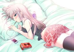  aqua_eyes bare_shoulders bed black_thighhighs blush bottle brand_name_imitation breasts cellphone commentary_request digital_media_player feline female food grey_hair hair_ornament hairclip iphone listening_to_music long_hair lying medium_breasts mouth_hold on_bed on_stomach original phone pillow plaid plaid_skirt pocari_sweat pocky shouna_mitsuishi skirt smartphone solo thighhighs zettai_ryouiki 