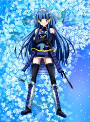  alternate_costume aoki_reika armor bad_id bad_pixiv_id bare_shoulders black_thighhighs blue_eyes blue_hair boots bug butterfly crossed_arms cure_beauty detached_sleeves female floral_background hair_tubes head_wings highres japanese_armor knee_boots kusazuri long_hair magical_girl petals precure sandals smile smile_precure solo standing suneate sword thighhighs weapon wings yuiyuimoe 