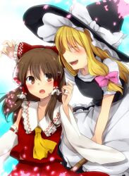  2girls ascot bad_id bad_pixiv_id bare_shoulders blonde_hair blush bow braid brown_hair closed_eyes detached_sleeves hair_tubes hairbow hakurei_reimu hat kirisame_marisa long_hair marimo_danshaku multiple_girls open_mouth petals red_eyes touhou witch_hat 