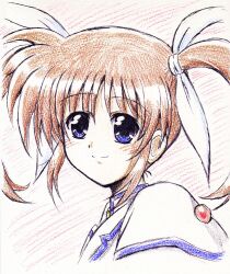  blush brown_hair colored_pencil commentary_request female hair_ribbon knhp67 lyrical_nanoha mahou_shoujo_lyrical_nanoha pencil puffy_sleeves ribbon short_twintails smile solo takamachi_nanoha traditional_media twintails upper_body 