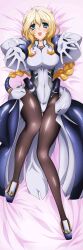  :d blonde_hair blue_eyes blush bodysuit braid breasts cleavage dakimakura_(medium) female full_body gloves highres kyoukaisenjou_no_horizon large_breasts long_hair lying mary_stuart official_art on_back open_mouth outstretched_arms pantyhose scar single_braid smile solo 