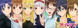  6+girls akizuki_ritsuko amagami aqua_eyes black_hair blazer blonde_hair blue_eyes blue_hair brown_eyes brown_hair collarbone column_lineup earrings futami_mami ganaha_hibiki glasses green_eyes grey_hair hagiwara_yukiho hairband highres hoop_earrings hoshii_miki idolmaster idolmaster_(classic) jacket jewelry kisaragi_chihaya looking_at_viewer multiple_girls necklace parody red_eyes shijou_takane smile star_(symbol) striped style_parody turtleneck white_hair 