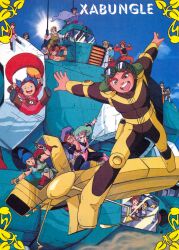  1980s_(style) 6+boys 6+girls aircraft belt birin_nada bodysuit boots burume chill_(xabungle) copyright_name dyke_(xabungle) elchi_cargo everyone eyebrows fatman_big garlo_(xabungle) goggles gun haiya_(xabungle) handgun highres hobuggy holster hovercraft jiron_amos jumping katakam_zushim kogawa_tomonori kotsett_memmuma magazine_scan maria_maria marle_(xabungle) mecha medic_held multiple_boys multiple_girls newtype non-humanoid_robot official_art official_style photoshop_(medium) promotional_art propopief_sandorla rag_uralo retro_artstyle robot rose_sandorla scan science_fiction sentou_mecha_xabungle sword traditional_media walker_(robot) walker_gallia watercraft weapon 