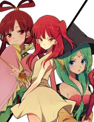  3girls bad_id bad_pixiv_id blue_eyes breasts front_ponytail green_hair hat long_hair magi_the_labyrinth_of_magic medium_breasts morgiana multiple_girls one_side_up red_eyes red_hair ren_kougyoku shell shell_bikini simple_background staff tsukuyomi_03 white_background witch_hat yamuraiha yellow_eyes 