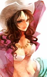  akizuki_hakuto alvida_(one_piece) brown_eyes brown_hair commentary_request female hat long_hair one_piece open_clothes open_shirt shirt solo 