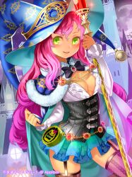  banned_artist bell blush breasts cape corset dress furyou_michi_~gang_road~ garter_straps green_eyes hat holding long_hair looking_at_viewer medium_breasts pink_hair skirt smile solo staff thighhighs watermark witch_hat xil 