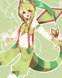  bare_shoulders commentary_request creature_and_personification crop_top female fingerless_gloves flygon gloves green_hair green_wings highres long_hair looking_at_viewer midriff multicolored_hair navel open_mouth personification pokedex_number pokemon ponytail red_eyes smile solo suspenders tail takeshima_eku two-tone_hair wings 