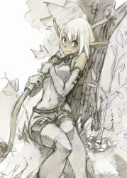  bare_shoulders bow_(weapon) commentary_request covered_navel cra_(wakfu) elbow_gloves evangelyne_(wakfu) female gloves looking_at_viewer plant pointy_ears shorts sitting smile solo thighhighs tree wakfu weapon white_hair xaxaxa 