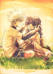  2boys alluka_zoldyck androgynous brothers flower hair_ornament hunter_x_hunter killua_zoldyck long_hair male male_focus multiple_boys siblings trap 