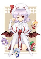  5girls :d ;) ascot bat_wings blonde_hair blue_eyes blue_hair book braid capelet chibi closed_eyes commentary_request crescent cup curiosities_of_lotus_asia flandre_scarlet flying grey_hair hair_flip hat hat_ribbon highres hong_meiling izayoi_sakuya light_purple_hair long_hair looking_at_viewer maid maid_headdress mi_(liki1020) mini_person minigirl multiple_girls nose_bubble oerba_yun_fang one_eye_closed open_mouth patchouli_knowledge purple_eyes purple_hair red_eyes red_hair remilia_scarlet ribbon short_hair side_ponytail simple_background sitting skirt sleeping sleeping_upright smile spill star_(symbol) teacup thighhighs touhou tray twin_braids white_legwear wings 