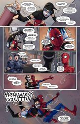  1girls 3boys asian_female bayushi ben_parker faye_ito marvel marvel_comics police police_officer police_uniform spider-man spider-man_(series) text text_bubble tracyscops 