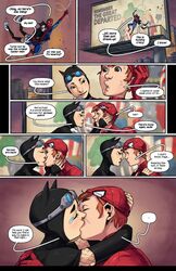  1boy 1girls asian_female bayushi ben_parker faye_ito ginger ginger_hair kissing marvel nose_piercing red_hair spider-man spider-man_(series) text text_bubble tracyscops 