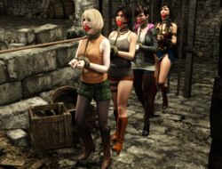  4girls ashley_graham ashley_graham_(ella_freya) ball_gag black_hair blonde_hair bound bound_wrists brown_hair clothed_bondage coffle dc_comics gag gagged lara_croft lara_croft_(survivor) miniskirt moira_burton multiple_girls resident_evil resident_evil_4 samsa23 skirt tomb_raider tomb_raider_(survivor) wonder_woman wonder_woman_(series) 