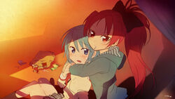  2girls bag blue_eyes blue_hair commentary_request food highres hug long_hair mahou_shoujo_madoka_magica mahou_shoujo_madoka_magica_(anime) miki_sayaka mitakihara_school_uniform multiple_girls nattou-toufu paper_bag photoshop_(medium) ponytail red_eyes red_hair sakura_kyoko school_uniform short_hair sweets 