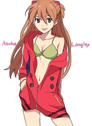  bikini bikini_top_only blue_eyes breasts brown_hair character_name chatubo cleavage commentary_request female front-tie_bikini_top front-tie_top green_bikini hair_ornament hand_in_pocket long_hair medium_breasts navel neon_genesis_evangelion open_clothes simple_background solo souryuu_asuka_langley sweater swimsuit tongue tongue_out white_background 