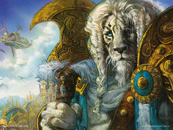  4:3 ajani_goldmane anthro beard blue_eyes braided_hair catfolk eye_scar facial_hair facial_scar felid fur gold_(metal) hair hasbro holding_object holding_weapon leonin looking_at_viewer magic:_the_gathering male mammal monk&#039;s_spade official_art pantherine planeswalker scar ship signature solo terese_nielsen traditional_media_(artwork) vehicle watercraft weapon whiskers white_body white_fur wizards_of_the_coast 